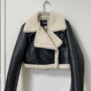 Fashion Nova Black Faux Leather Sherpa Cropped Jacket Size M
